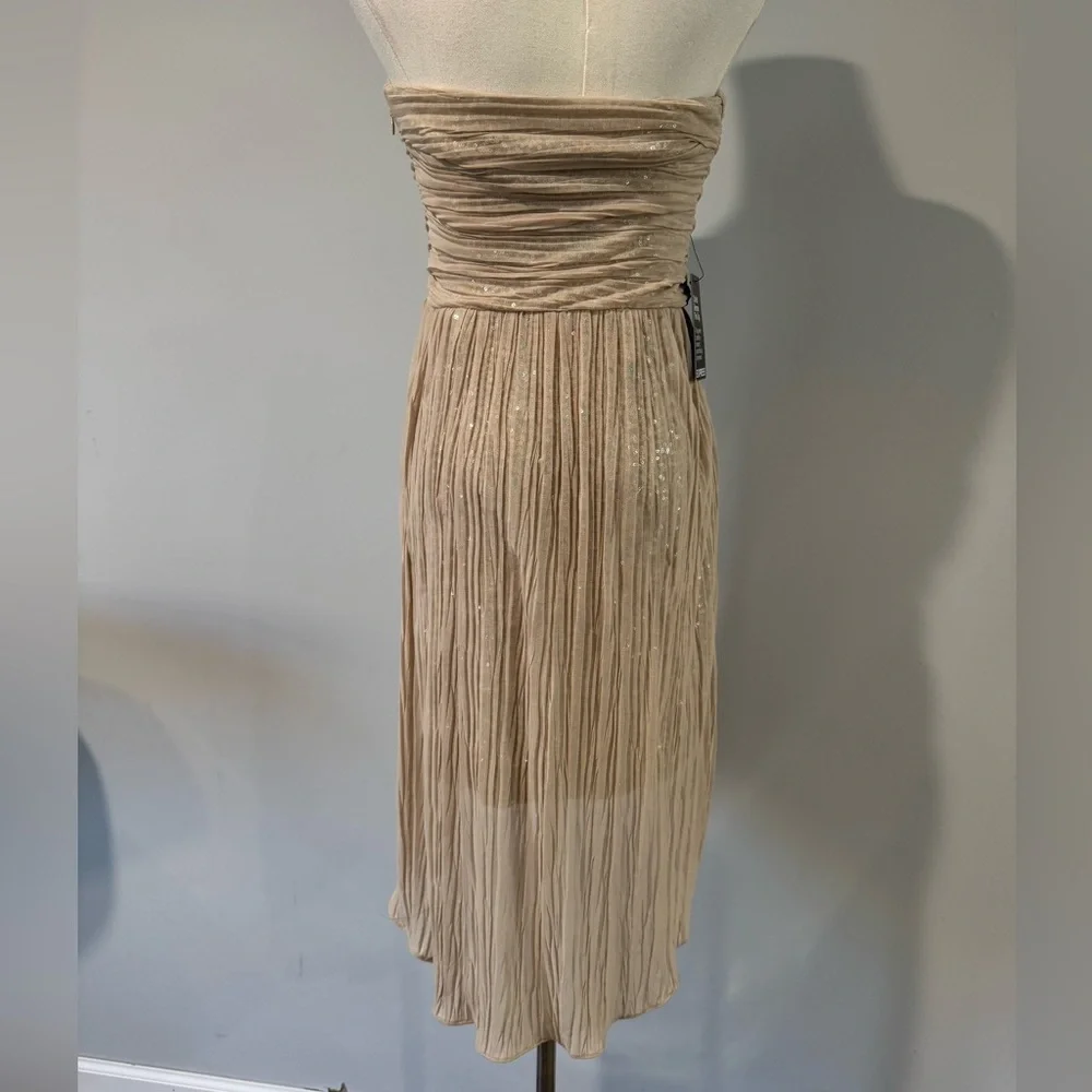 NWT Express Shimmering High Low Sequin Strapless Dress in Tan - Picture 4 of 6